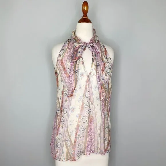 DREW Silk chiffon Multicolor Paisley Pussy Bow Tie Neck Snap Back Tank Size XS - Picture 1 of 10